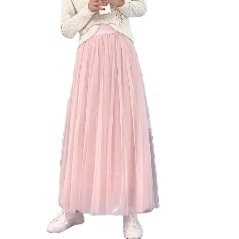 High Waist Women Long Mesh Maxi Skirt Slim A line Pleated 3 Layer Party Princess Casual Femme Festival 240513