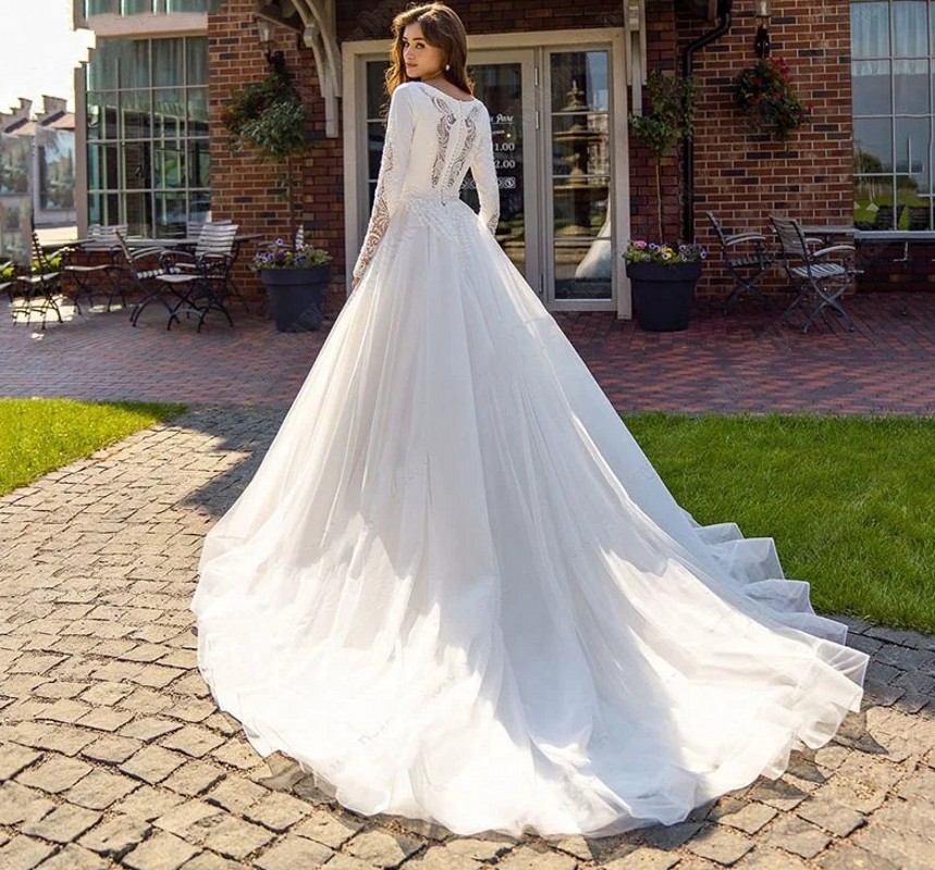 Classic A-line Wedding Dresses 2024 Scoop Embroildery Lace Beads Long Sleeves Satin Bridal Party Gown Sweep Train Vestidos De Novia Robe De Mariage