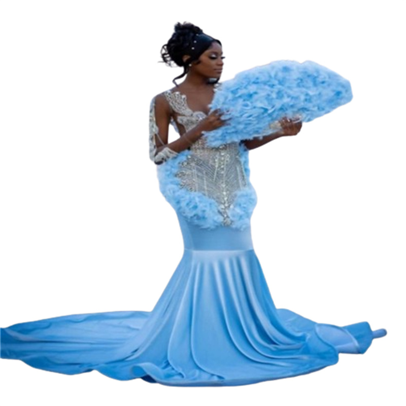 Blue Rhinestone Mermaid Prom Dresses With Feathers Luxury Blackgirls Mermaid Ladies Velvet Dresses For Special Occasions Beaded Crystal Evening Dress 
