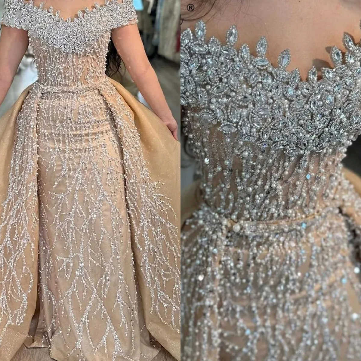 Gorgeous Crystal Pearls Wedding Dresses Off Shoulder Mermaid Bridal Gowns with Detachable Train Custom Made Bride Dress Plus Size