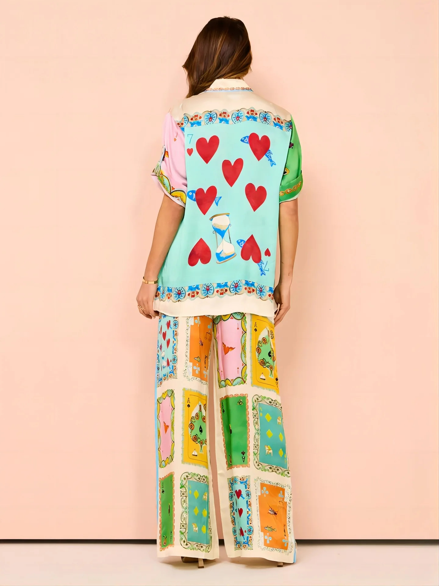 Print Women Loose Pants 2 Pieces Set Outfits Fashion Casual Short Sleeves Shirt Blouse Top Suit Summer Trend Holiday Vacation 240517