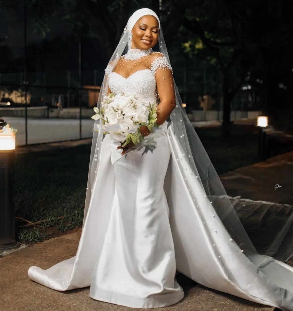 Mermaid Wedding Dresses with Detachable Train High Neck Long Sleeves See Through Beading Africa Bridal Gowns Vestidos De Novia Customed