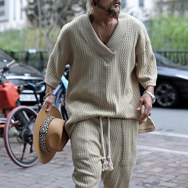 Summer Casual Sweater Set Mens Loose Short Sleeve Knit Tshirt Long Pants Two Piece Male Woolen Suits Ropa Para Hombre 240518