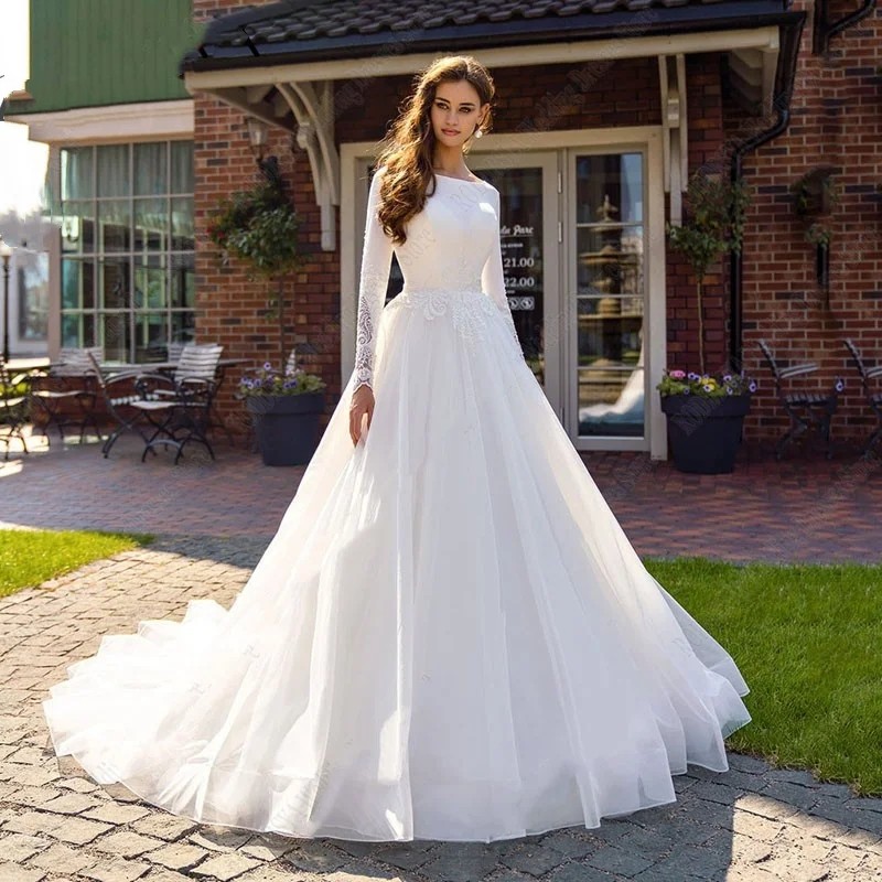 Classic A-line Wedding Dresses 2024 Scoop Embroildery Lace Beads Long Sleeves Satin Bridal Party Gown Sweep Train Vestidos De Novia Robe De Mariage