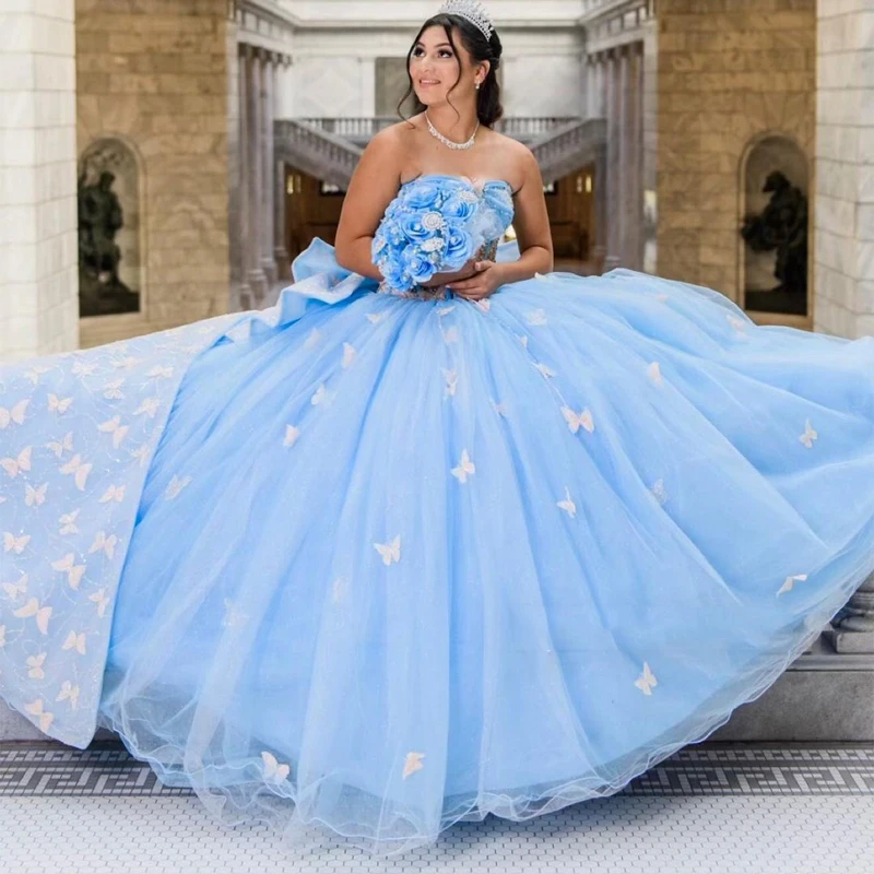 Lorencia Blue 3D Butterfly Off Shoulder Corset Quinceanera Ball Gown Bow Applique Lace Sweet 16 Vestidos De 15 Anos Graduations Prom Party Dress 66603