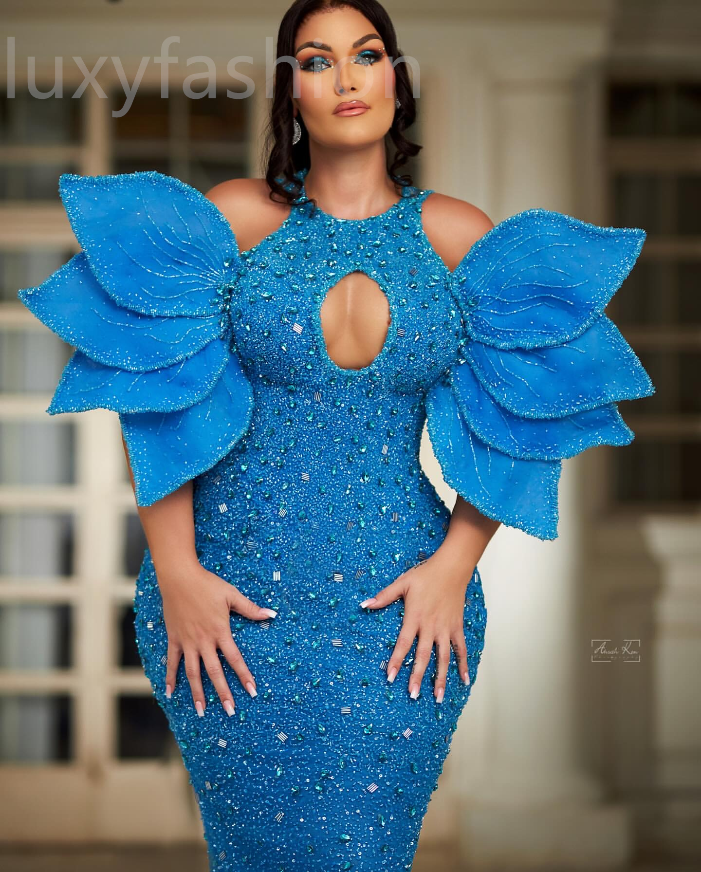 Aso Ebi 2024 Blue Mermaid Prom Dresses Crystals Beaded Sequined Evening Party Formal Second Reception Birthday Enagement Thanksgiving Dress Gowns LF05