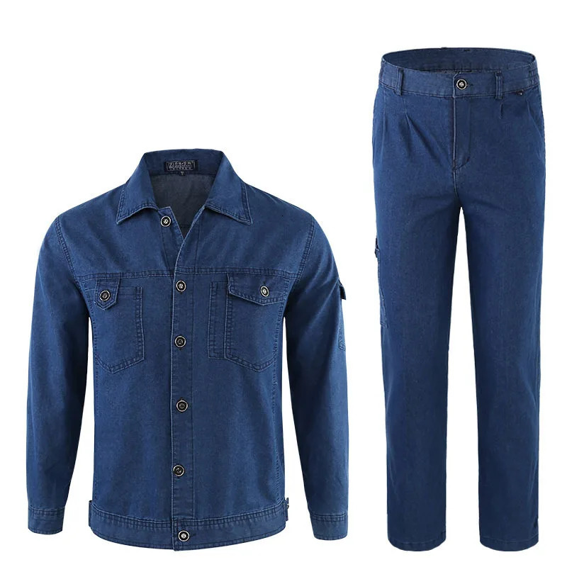 Summer Men Uniform Jeans Sets Long Sleeve Jacket Slim Cotton Two Pieces Breathable Male Wear Resistant Denim Suits Size 4XL 240518