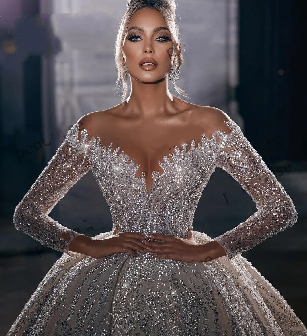 Glitter Sparkle Wedding Dresses Bridal Gowns Long Sleeves Lace Sequin Beads Robe Mariage Handmade Sheer Neck Vestido De Novia