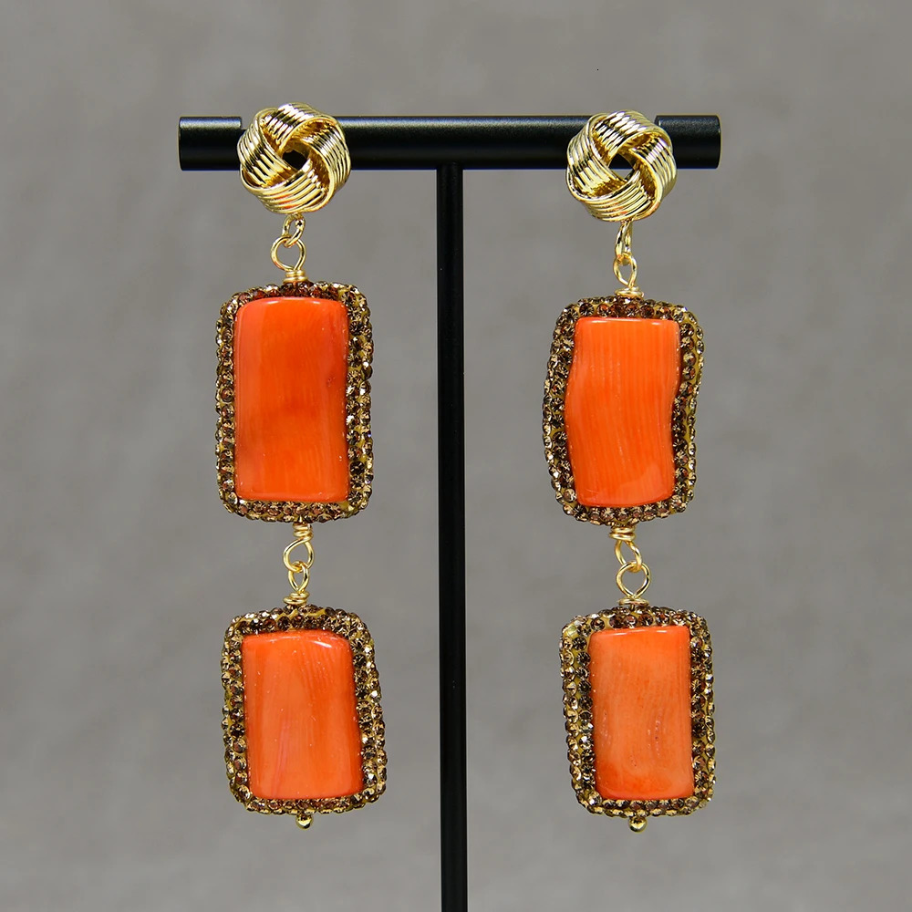 GG Natural Orange Coral Branch Golden Rhinestone CZ Paved Dangle Stud Earrings Jewelry Gifts Handmade For Women Party Gifts 240520