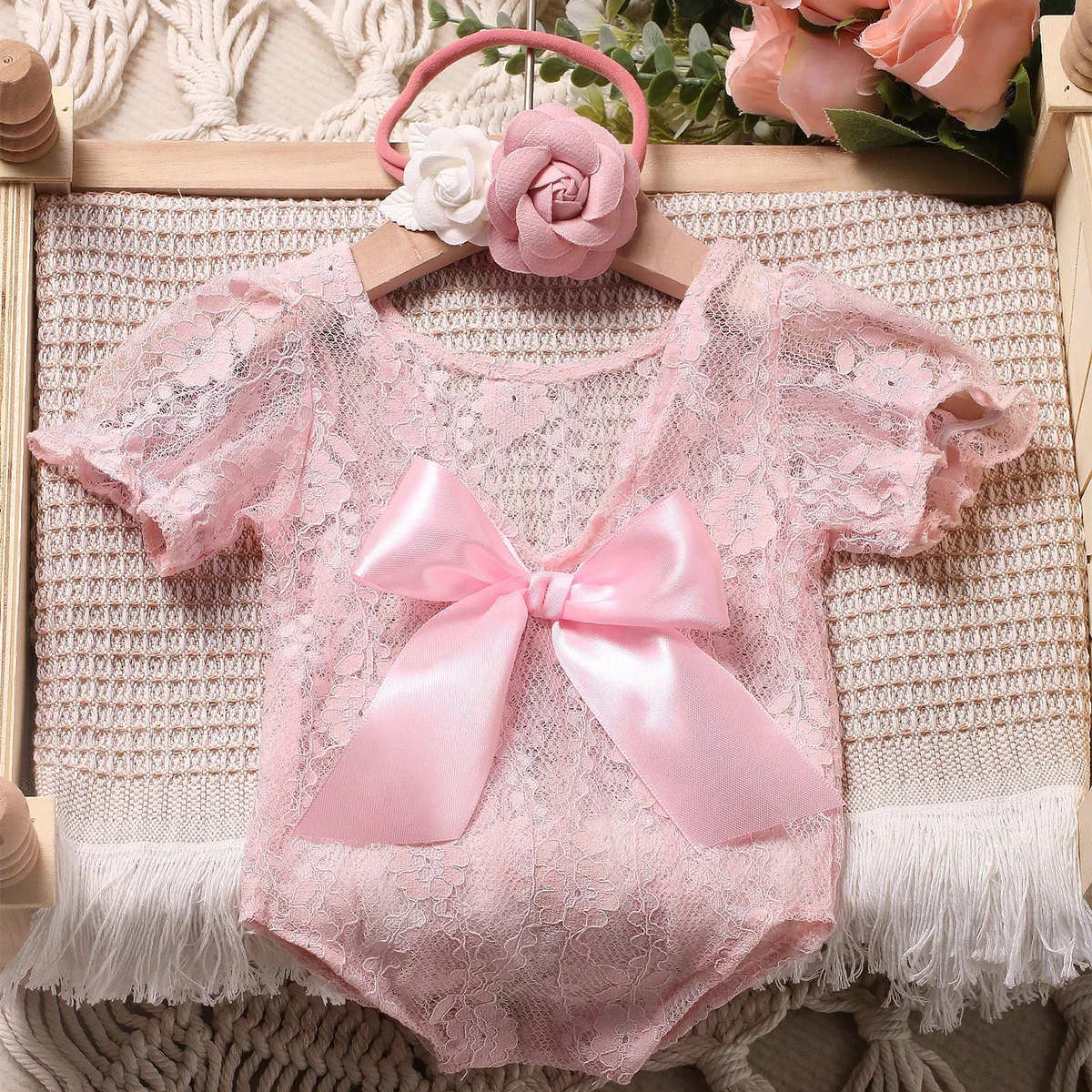 Ylsteed Newborn Big Bow Lace Romper for Photo Shooting Baby Girl Photography Outfits with Flower Headband Infant Photo Props