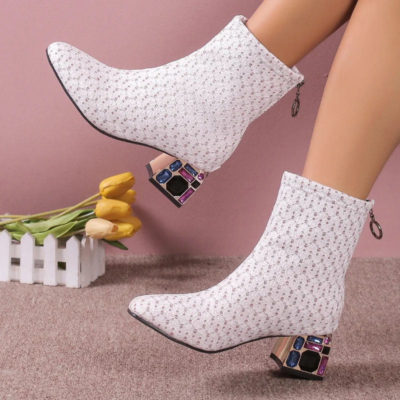 Women New Sexy High Heels Shoes Chunky Sequin Chelsea Boots 2024 Autumn Winter Pointed Toe Shoes Zipper Suede Ankle Boots Pumps