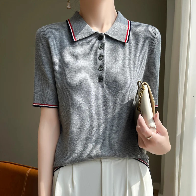 Womens Polo Collar Color Blocking Pullover T-shirt Wool Cotton Short-sleeved Tees Sweater Summer Fashion Knitted Bottoming Tops 240518