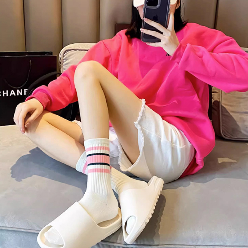 OC-Vinda P6001 Medium Length Athletic Women's Seasonal Thin Cotton Socks Sports Colored Fashionable Horizontal Stripes Young Students on Campus