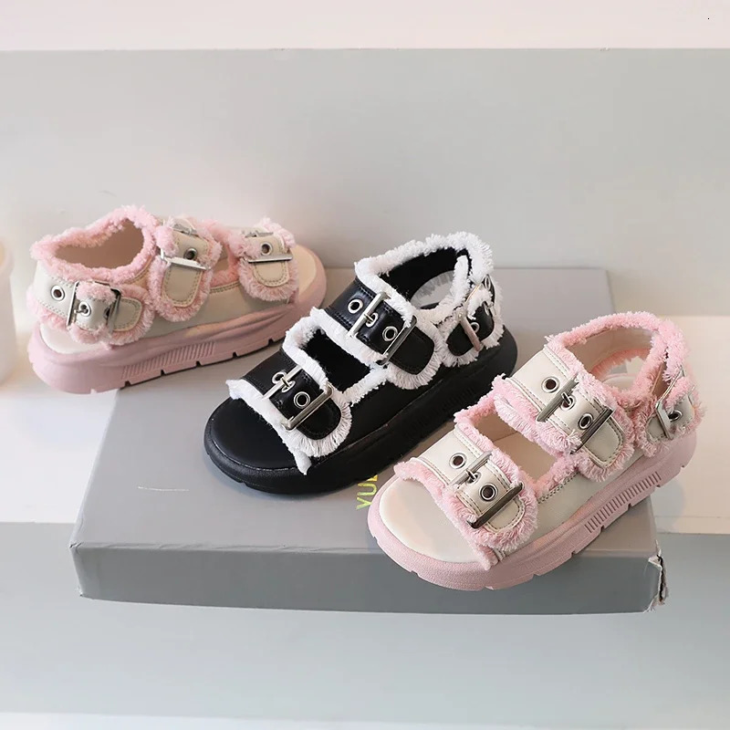 Fashion Children Sandals Buckle Chunky Tassel Summer Girls Beach Sliders Pink Black 26-36 Pu Leather Comfy Kids Shoes Flat 240513
