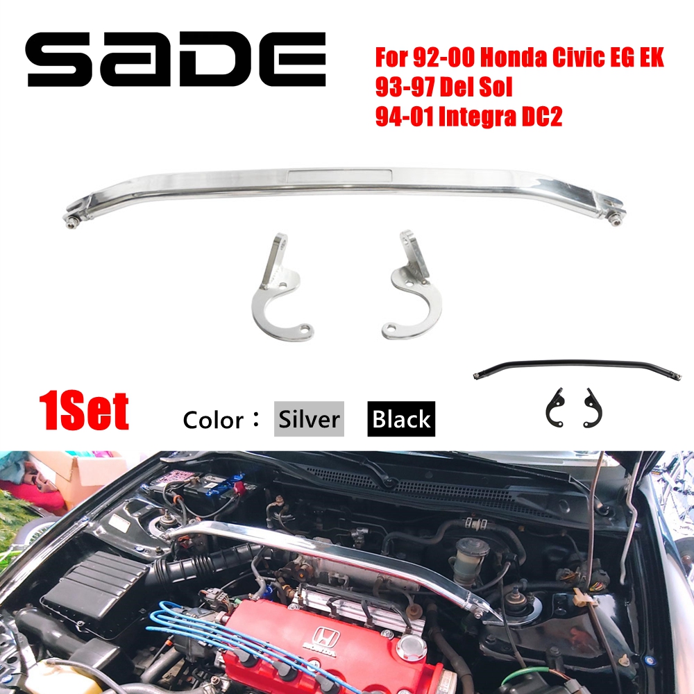 Front Strut Bar For 92-00 Honda Civic EG EK 93-97 Del Sol 94-01 Integra DC2 Front Upper Strut Brace Bar Aluminum Silver/Black