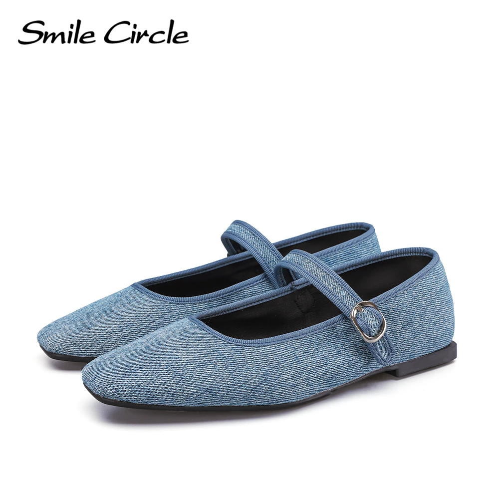 Smile Circle Denim Mary Jane Women Ballet Flats Shoes Comfortable Soft Round Toe Flat Shoes for Women