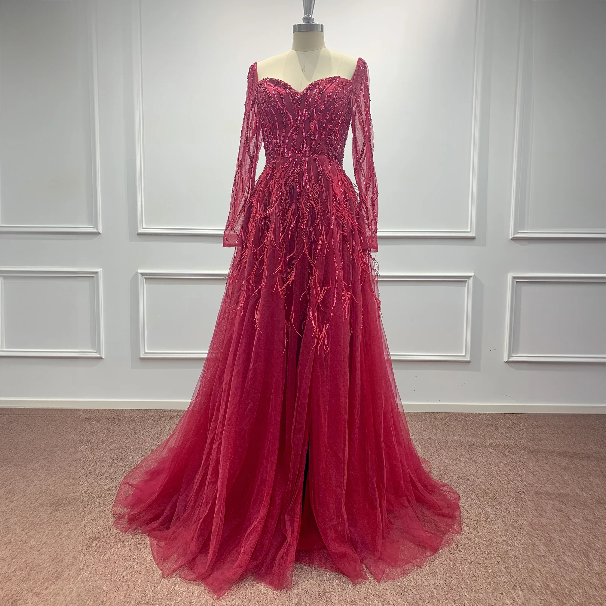 Long Sleeves Luxury Dubai Evening Dresses Women Glitter Sequin 2024 Formal Party Prom Gown High Slit Red Tulle Vestidos Bc18235 B0312
