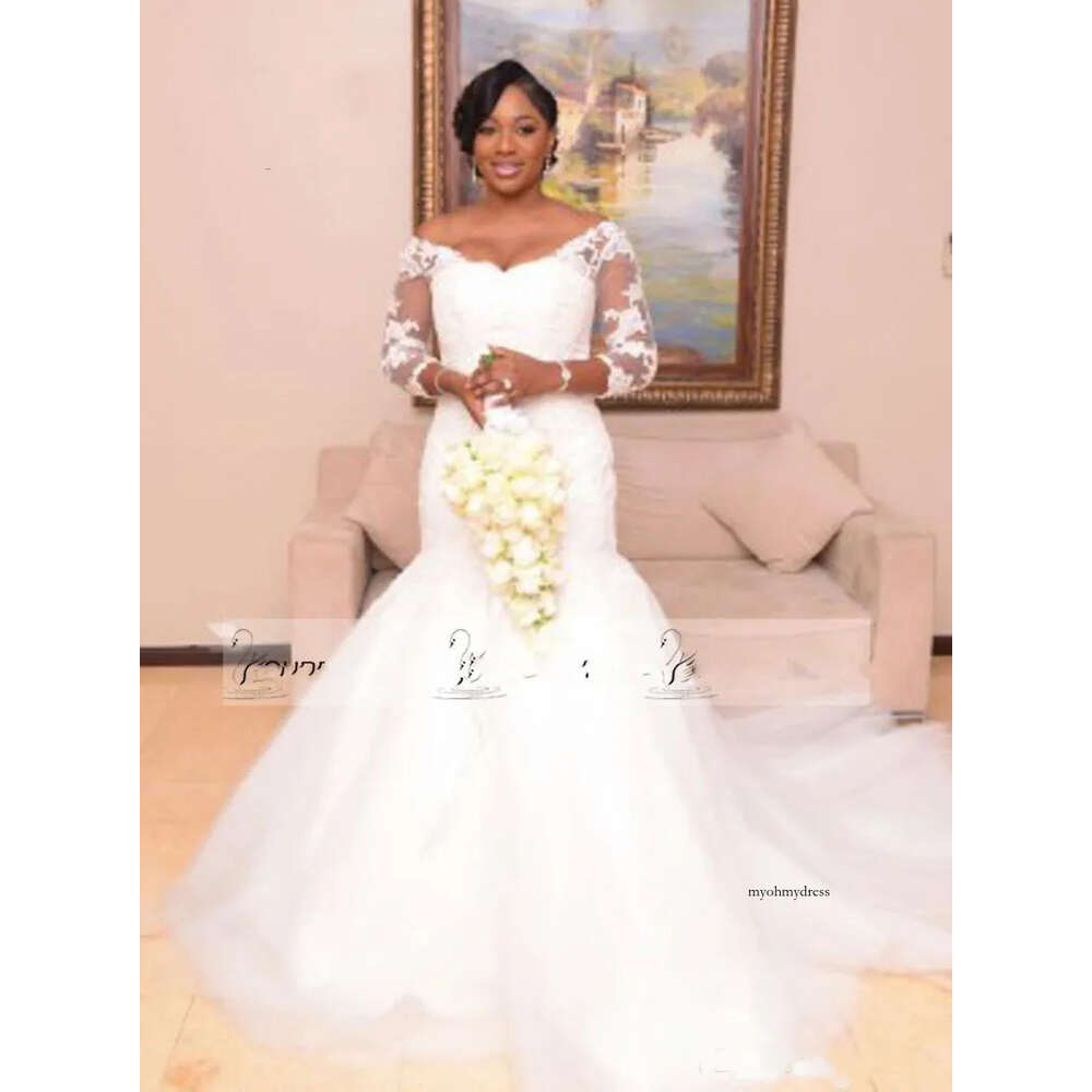 Elegant African Mermaid Lace 3/4 Long Sleeve Court Train Plus Size Bridal Gown For Black Women Country Wedding Dresses Cheap 0521