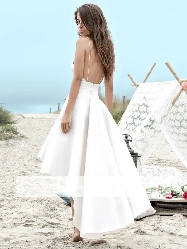 High Low Short Wedding Dress 2024 A E Summer Beach Boho Bridal Gowns Satin Backless Spaghetti Straps Party Dresses 6660312