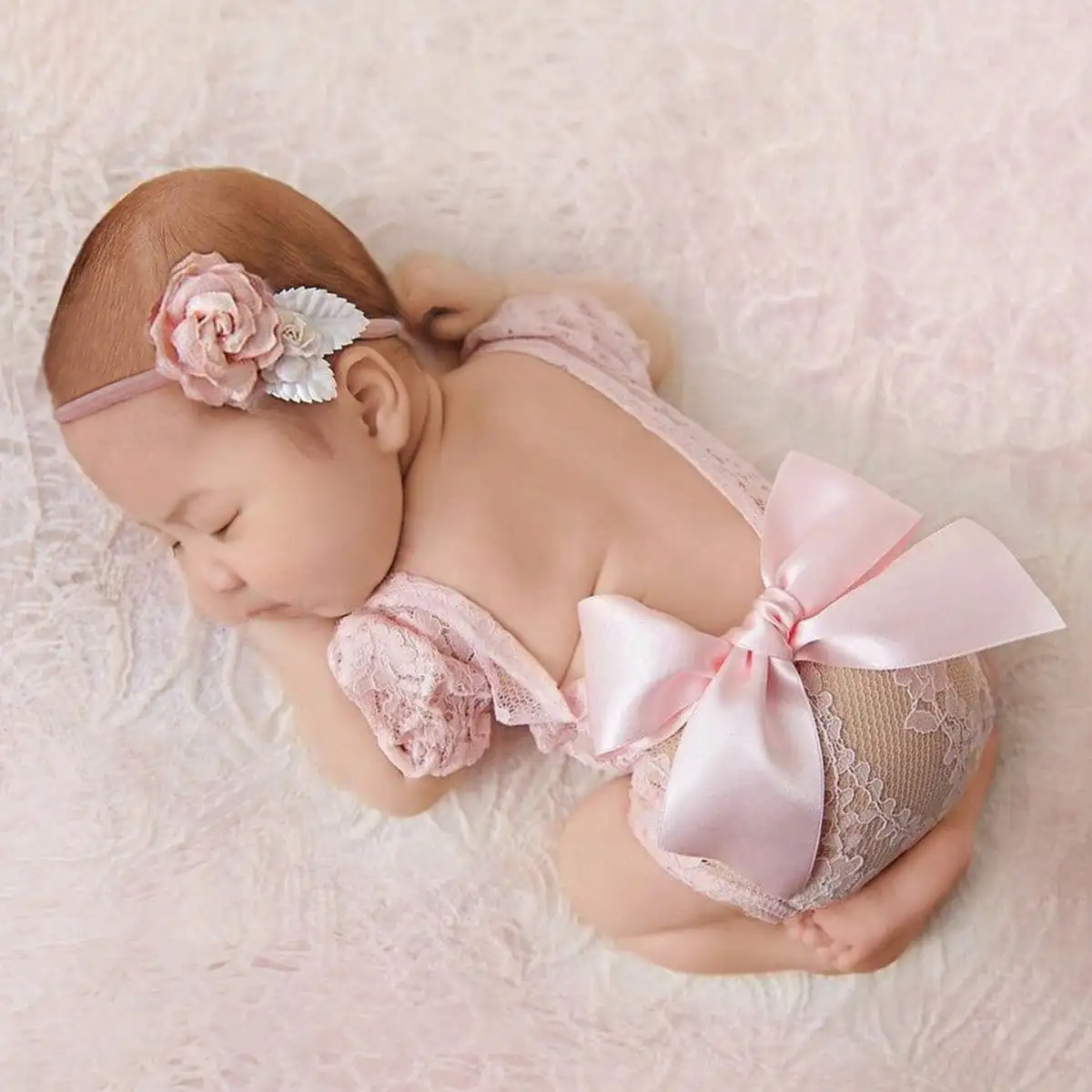 Ylsteed Newborn Big Bow Lace Romper for Photo Shooting Baby Girl Photography Outfits with Flower Headband Infant Photo Props