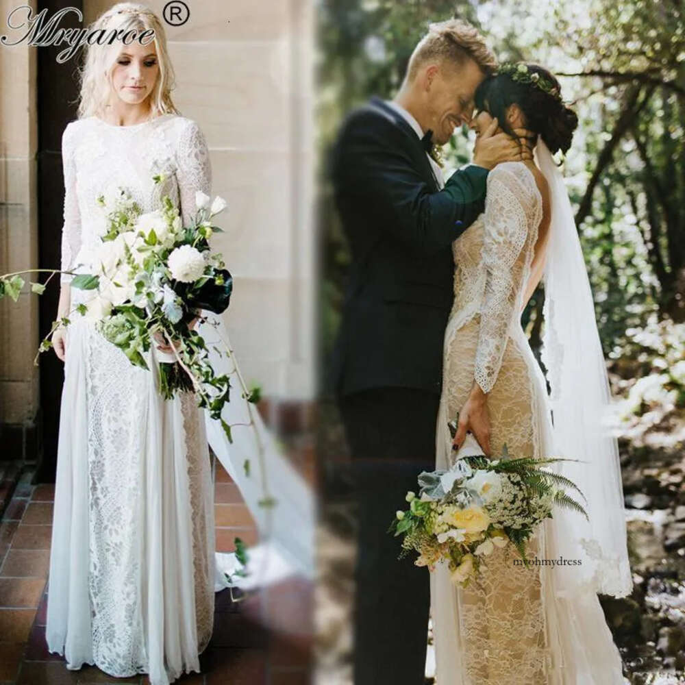 Real Picture Bohemian Vintage French Lace Long Sleeve Wedding Dress Open Back Bridal Dresses Vestido De Noiva 0521