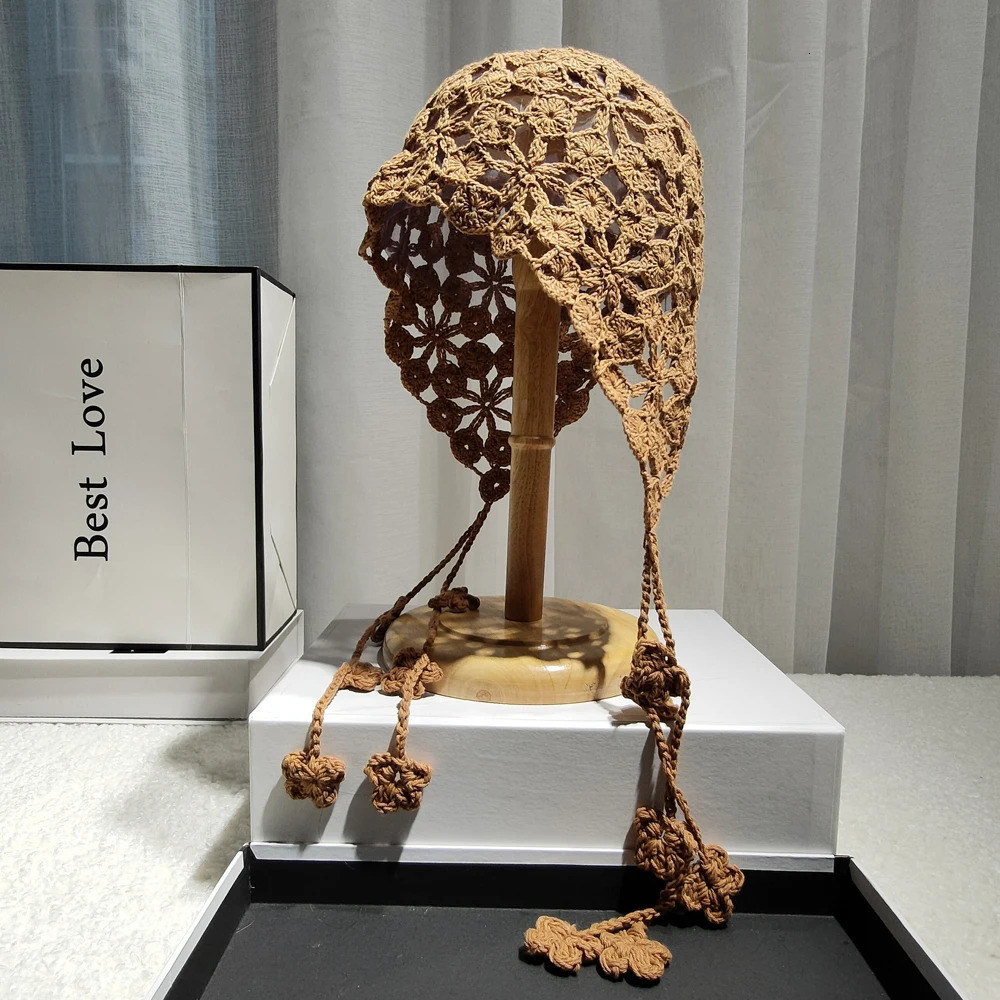 Ethnic Bucket Hats Female Hand-woven Knitted Flower Fisherman Hat Copper Coin Petal Hollow Out Cap Women Handmade Crochet Hat 240521