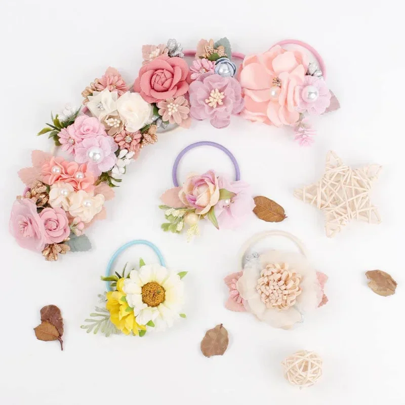 Elastic 2025 Flower Hair Bands for Girls Ponytail Holders Kids Floral Hair Tie Baby new Pearls Hairband Headwear Rubber Hair Accessories