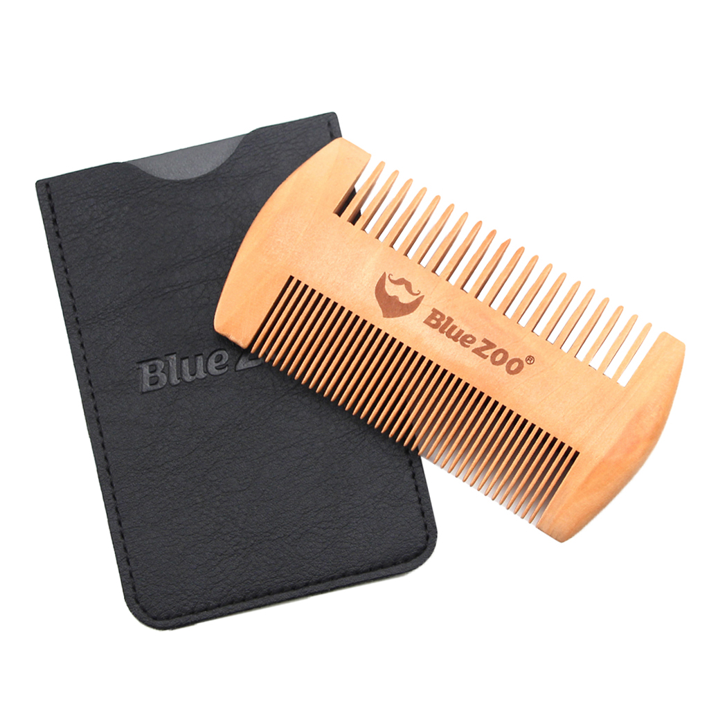 Pear Wood Beard Comb PU Case Anti-Static Wooden Pocket Brush with Fine and Wide Tooth for Men Mustaches - Black / Brown