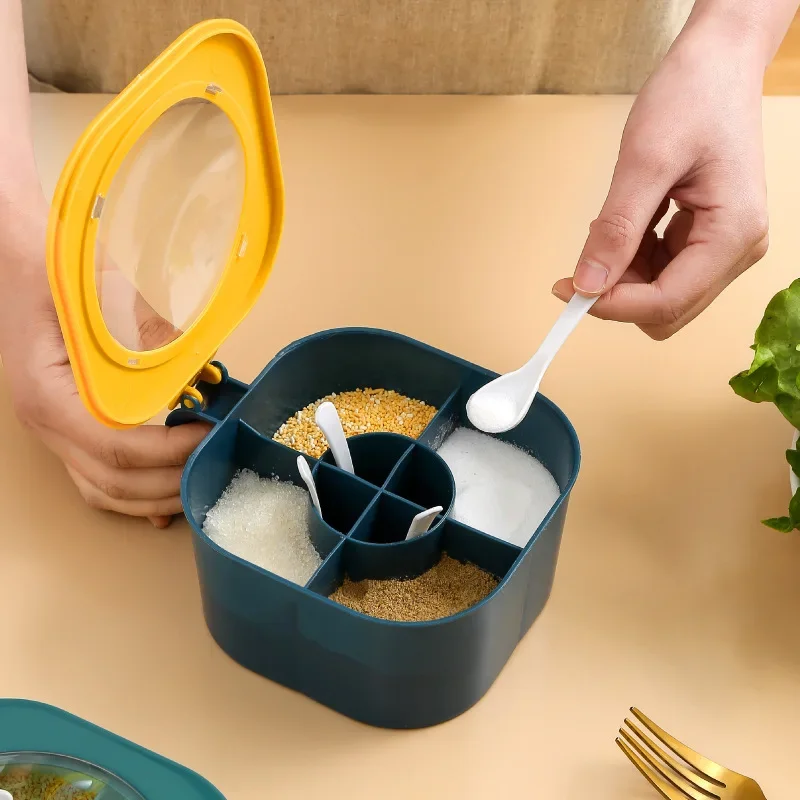 Plastic Seasoning Box with Spoons Spice Jar Multi Compartment Herb Spice Jars Pots Kitchen Condiment Storage Container