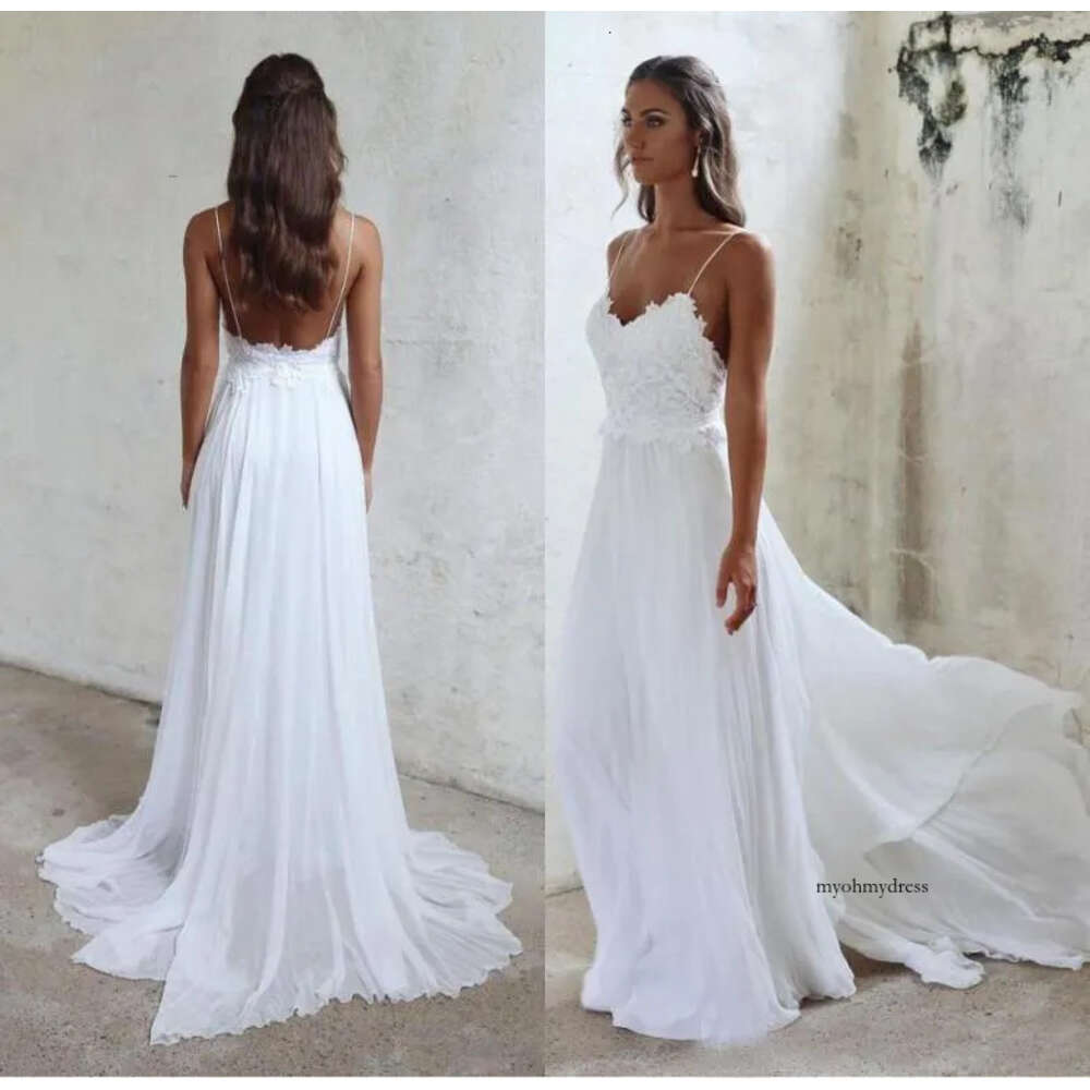 Custom Made Simple Beach Dresses A Line wedding dress for bride Sleeveless Lace Applique Backless Bridal Court Train Wedding Gowns 0521