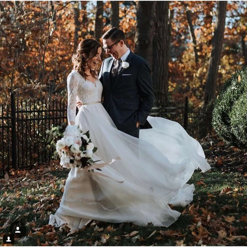 Boho Dresses Lace A Line Vneck Long Sleeve Belt Chiffon Sweep Train Garden Beach Wedding Bridal Gowns Vestido De Novia 0521