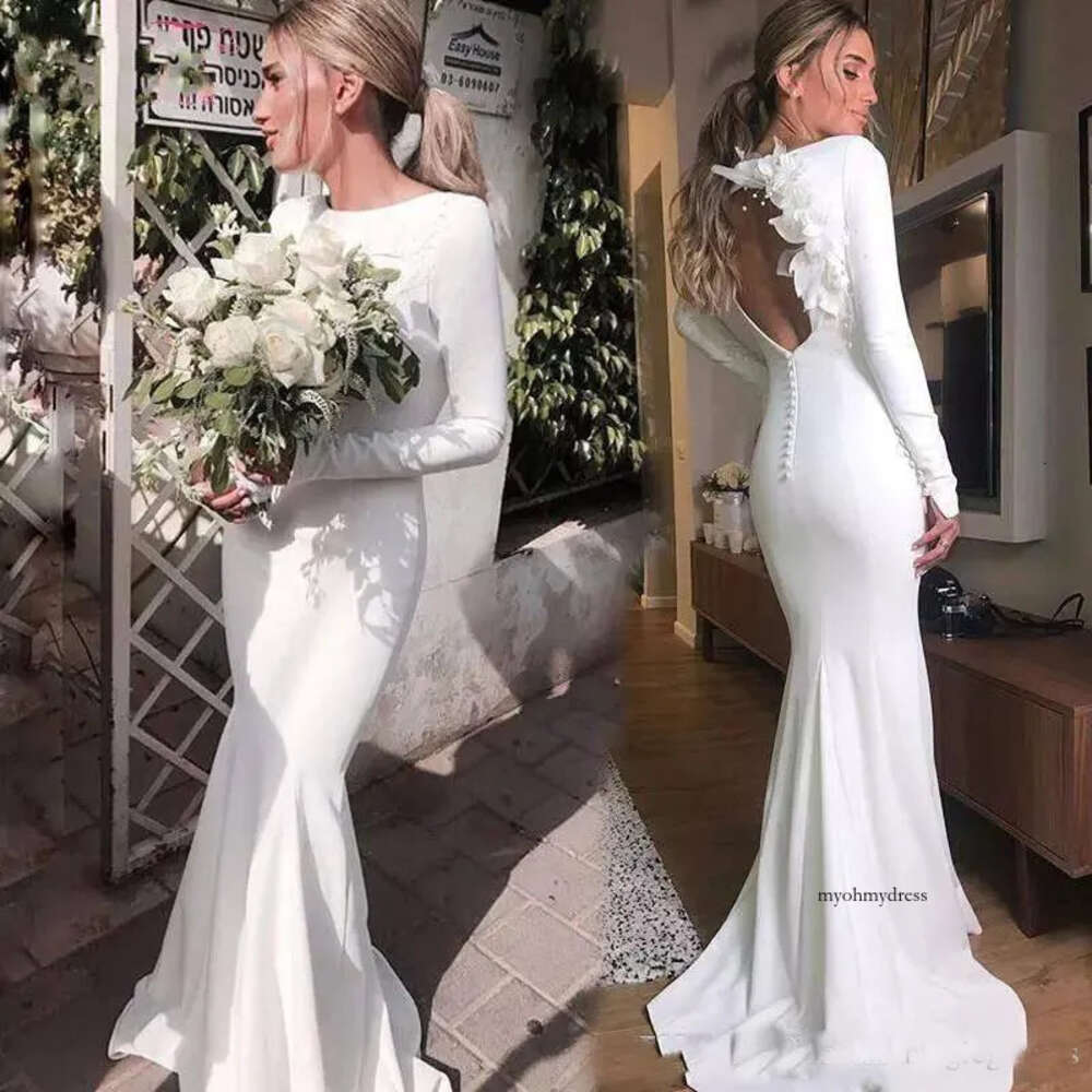 Long Sleeve Satin Mermaid Jewel Neck Bohemian Open Back Vestido De Noiva With 3D Flowers Accessories Wedding Dresses 0521