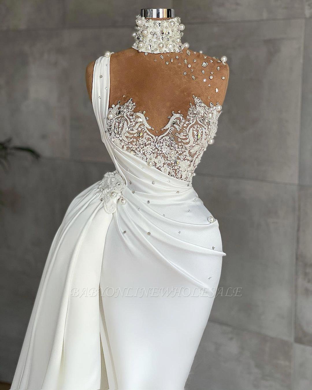 Elegant White Satin Evening Dresses High Neck Mermaid Luxury Crystal Pearls Lace Appliques Formal Party Prom Gown Robe De Soiree BC10204