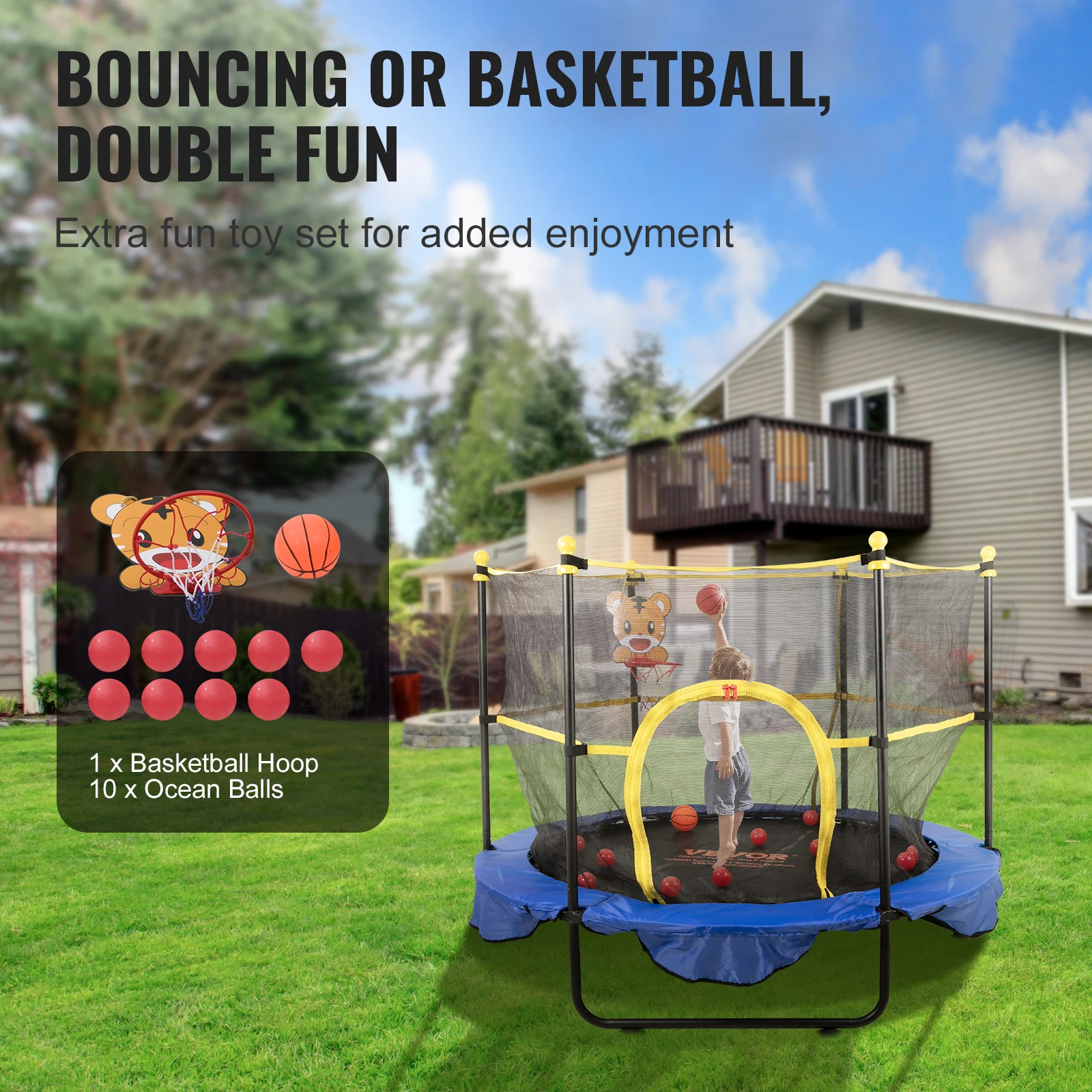 5FT for Trampoline VEVOR Kids 60" Indoor Outdoor Trampoline with Safety Enclosure Net Entertainment Support 60" smile 60" 60"