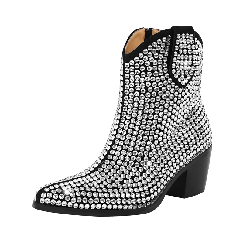 Onlymaker Pointed Toe Rhinestone Ankle Boots Glitter Bling Shiny Super Pretty Gorgeous Artificial Diamond Westen Cowgirl Boots