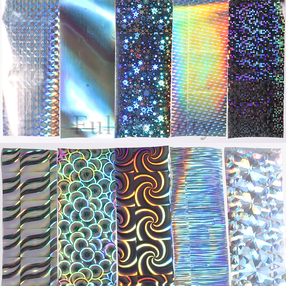 10Pcs Hologram Transfer Foil Nails Laser Stars Holographic Nail Stickers Mermaid Tail Sliders Metallic Gel Polish Wraps NLXKY01