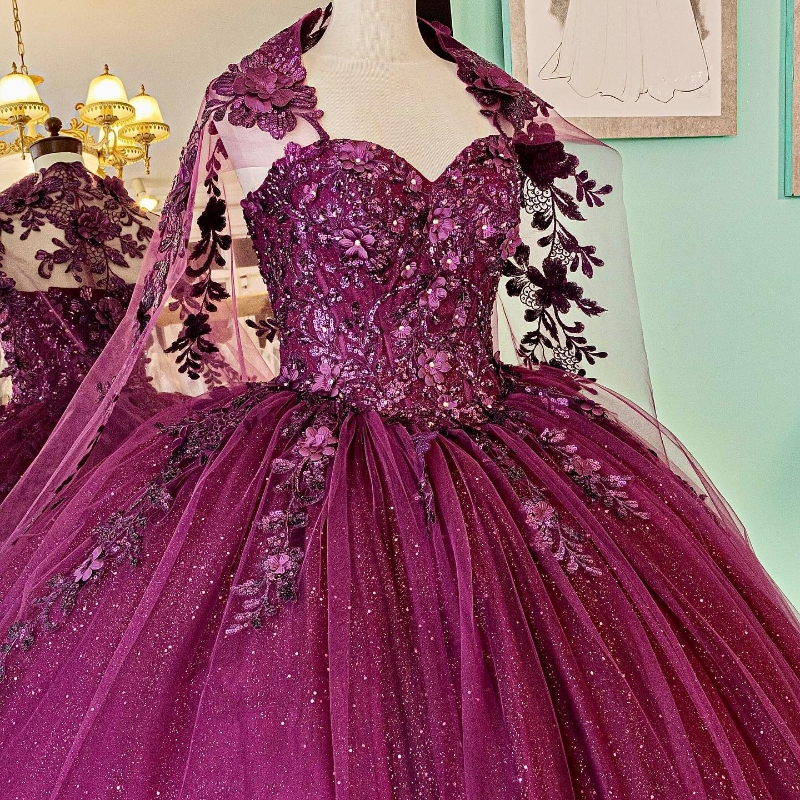 Purple Shiny Ball Gown Quinceanera Dresses Off The Shoulder Appliques Lace Flowers Beads With Cape Vestido De 15 Anos Sweet 16