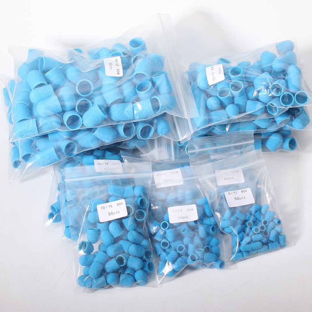 50pcs Blue Nail Sanding Caps Nail Drill Bit 5 Size Polishing Nail Art Rotating Remove Burrs Flies Manicure Equipment Accessories
