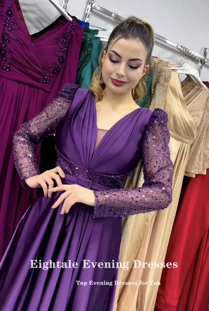 Eightale Purple Evening Dresses V-Neck Satin Long Sleeves Sequin A-Line Arabic Prom Wedding Party Gown Vestido De Fiesta