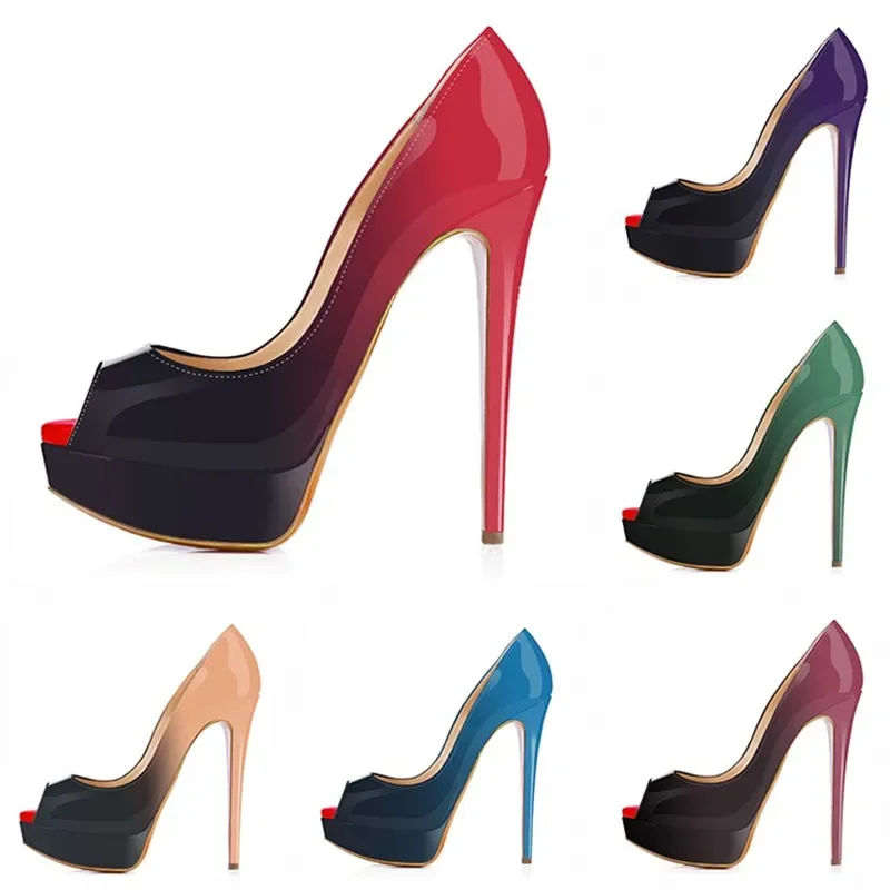 2024 New Women Pumps Sexy Platform Peep Toe 14cm Extremely High Heels Stiletto Patent Leather Party Nighclub Red Wedding Shoes