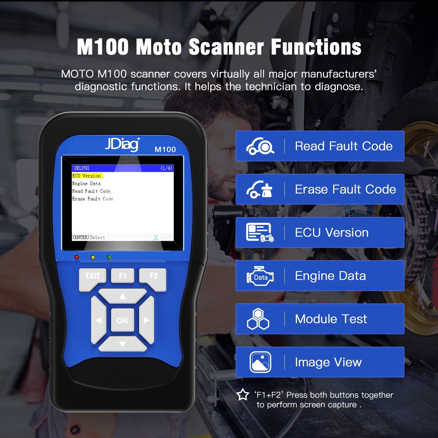 JDiag M100 Motorcycle Diagnostic Scanner Moto Fault Diagnostic Tool Motorbike Code Reader with Multiple Language