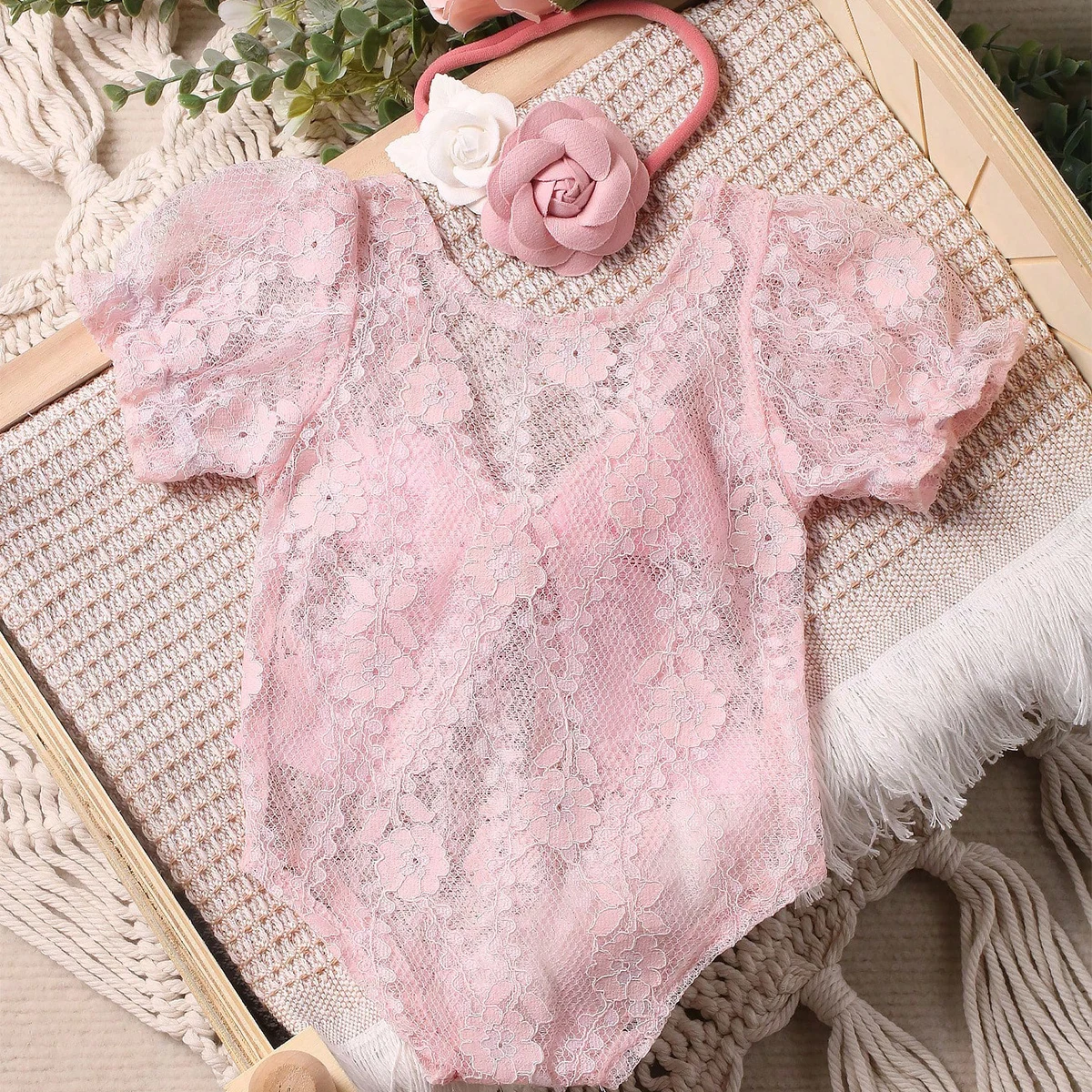 Ylsteed Newborn Big Bow Lace Romper for Photo Shooting Baby Girl Photography Outfits with Flower Headband Infant Photo Props