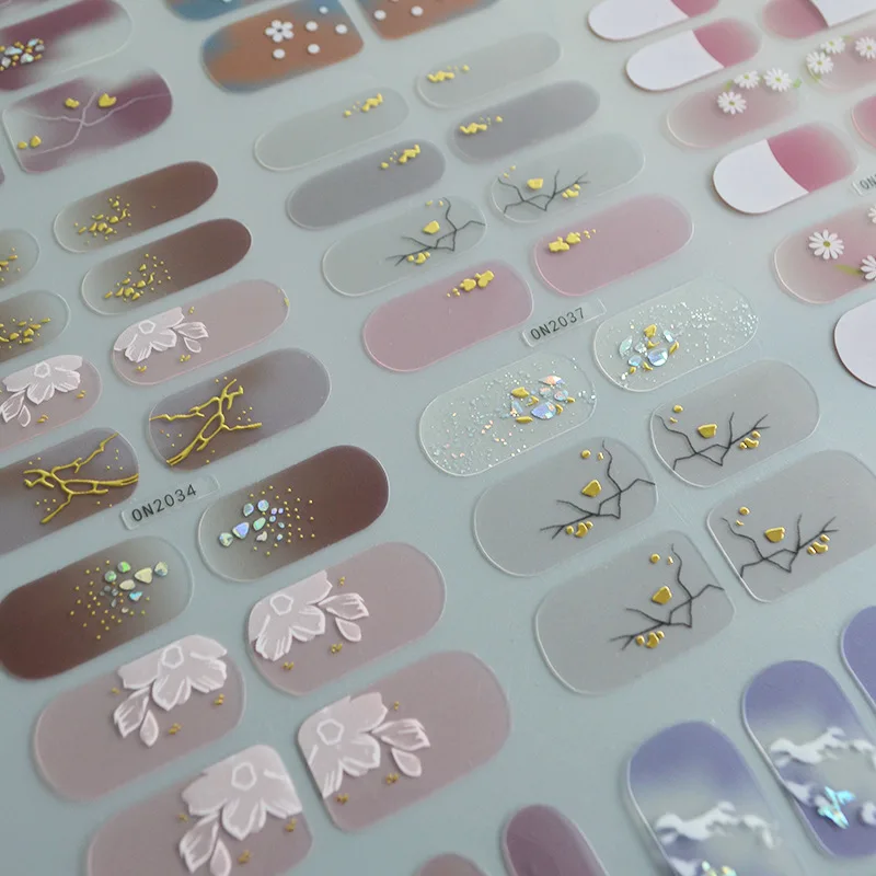 Gel 14Tips Uv 3D Nail Stickers Flowers Gradient Color Adhesive Full Cover Semi Cured Gel Nail Wraps DIY Manicure Arts Decals smile