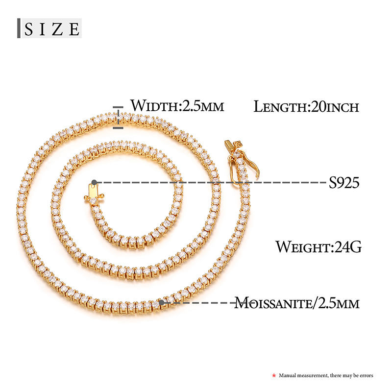 pass dia tester hip hop fashion jewelry custom 2.5mm sterling sier vvs moissanite cluster tennis chain necklace for men women