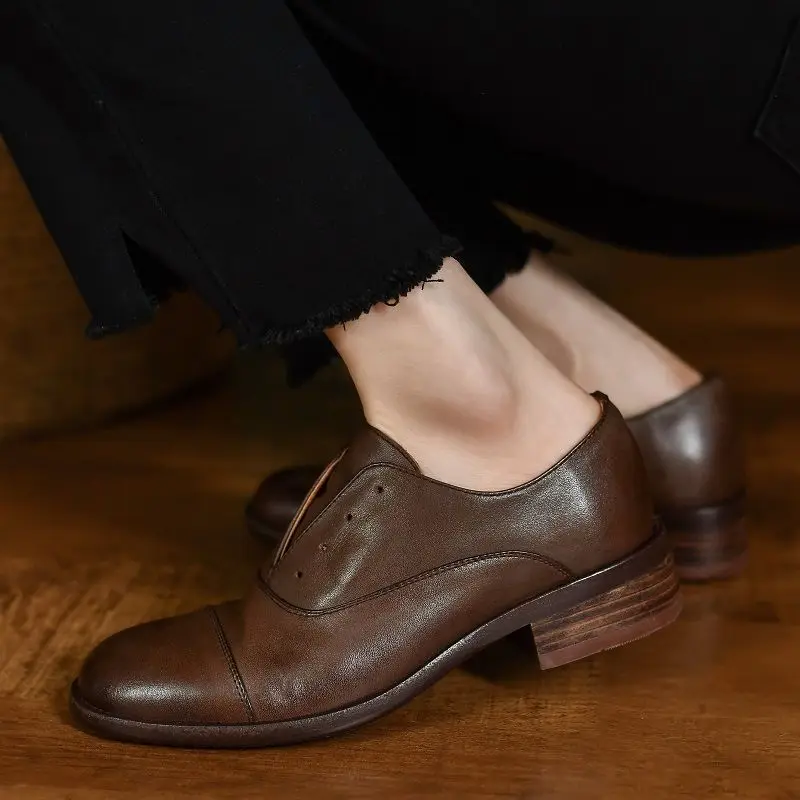Vintage Round Toe Simple Shoes Ladies Cowhide Soft Leather Flats Low Heel Slip On Quality European OxfordsRetro Shoes For Women