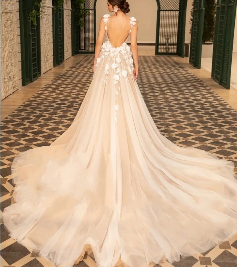 Floral 3d Lace Boho Wedding Dresses 2024 Backless Civil Champagne Beach Bridal Gowns Plunging V Neck Vestido De Novia Robe de Mariage