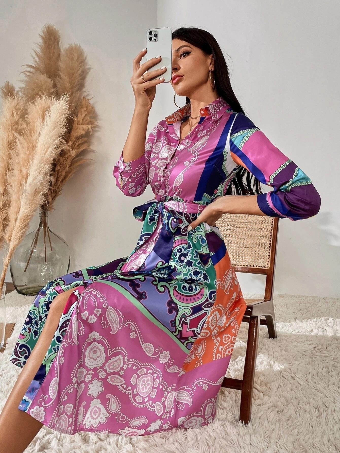 Two Piece Dress Summer Two Piece Casual Womens Long Sleeve Loose Vintage Flower Top Two Piece Mid length Waistpack Hip Skirt Elegant Set 230410