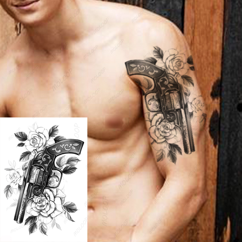 Black Gun Vine Pattern Tattoos Sticker for Men Women Arm Legs Art Waterproof Temporary Tattoos Fake Rose Flowers Leaves Tatoos