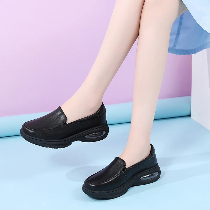 Summer Genuine Leather Women's Shoes Nurse Swing Work All Single Star Wedges Women's Shoes Black White Platform Womens Shoes