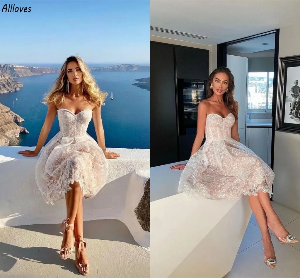 Floral Lace Strapless Wedding Dresses Sleeveless Designer Short Bridal Gowns Summer Beach A Line Vestidos De Novia Knee Length Bride Reception Dance D